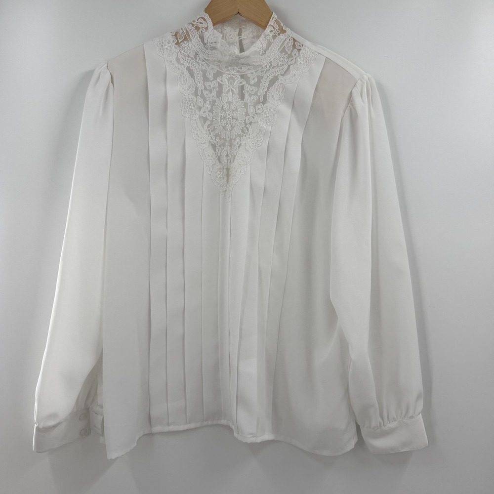 VTG Sellecca Blouse Womens 18 White Lace High Neck Pleated Victorian Prairie